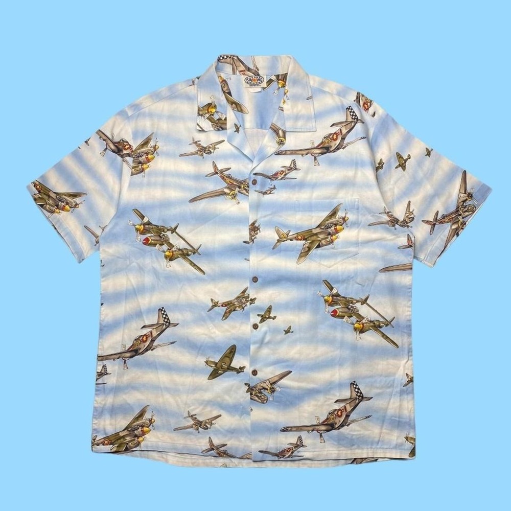 Vintage Hawaiian button down shirt WWII military planes